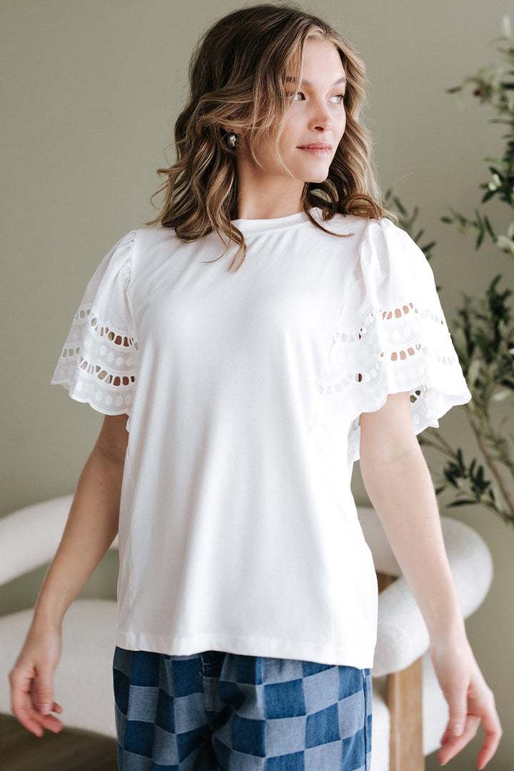 Hollow Out Embroidered Short Sleeve O Neck Top
