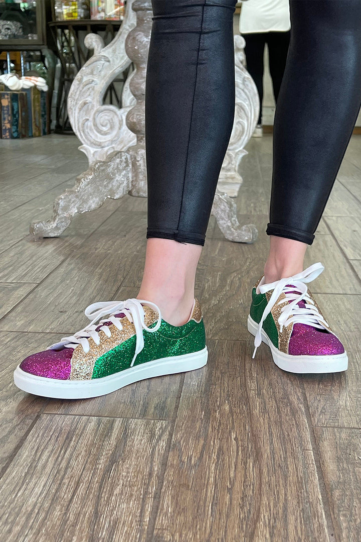 Mardi Gras – Flache Schnürschuhe mit dreifarbigen Pailletten