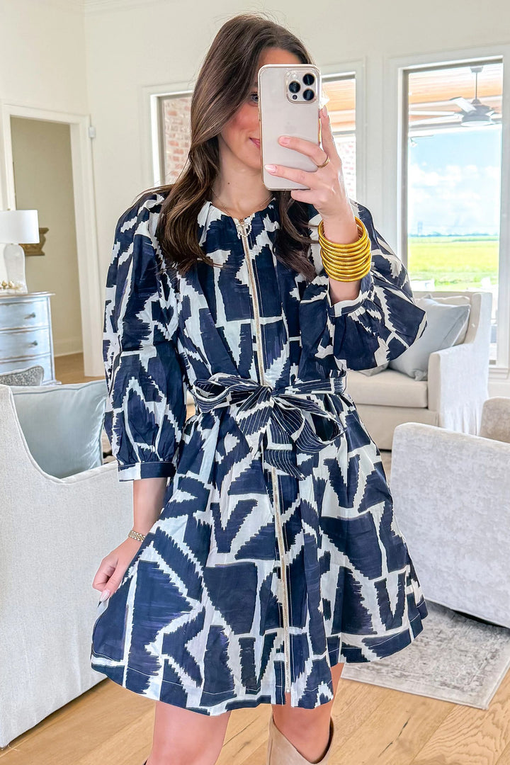 Blue Abstract Geometric Print Zip Front Shift Dress