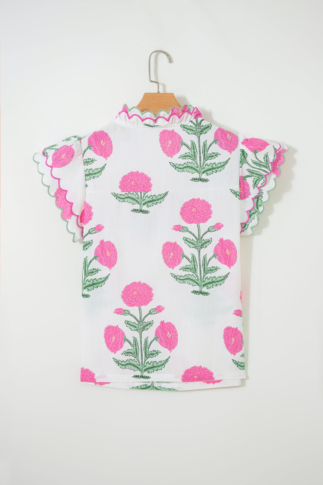 Wild Flower Print Contrast Trim Scallop Detail Short Sleeve Blouse