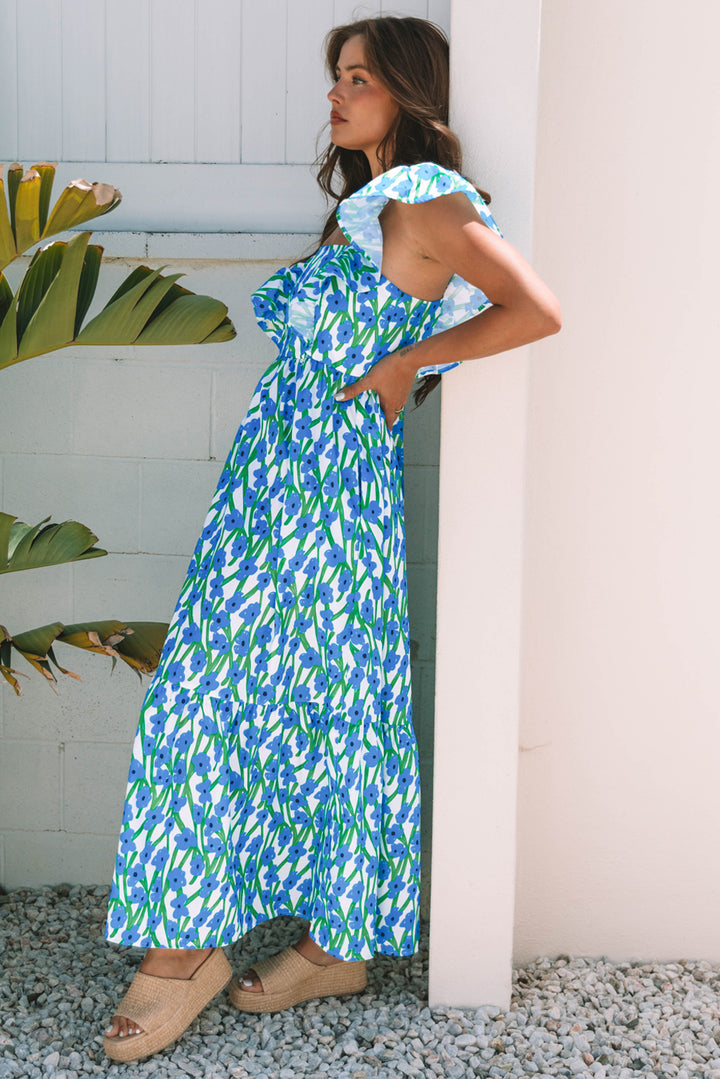 Floral Print Square Neck Ruffled Strap Maxi Dress