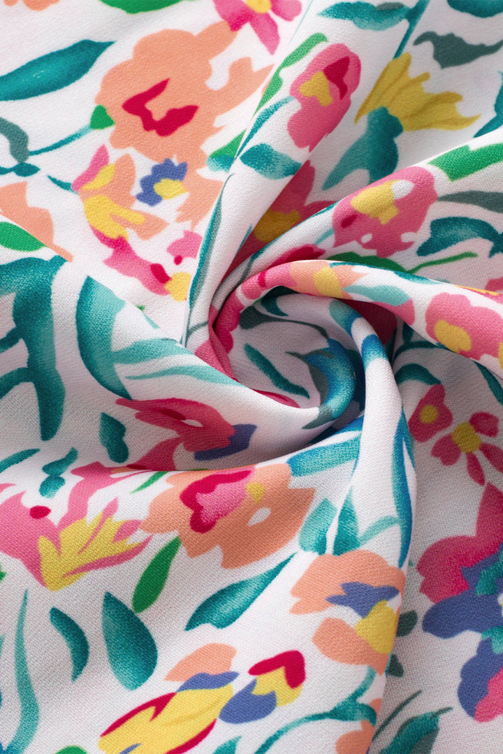 Floral Print Button Split Neck Puff Sleeve Blouse