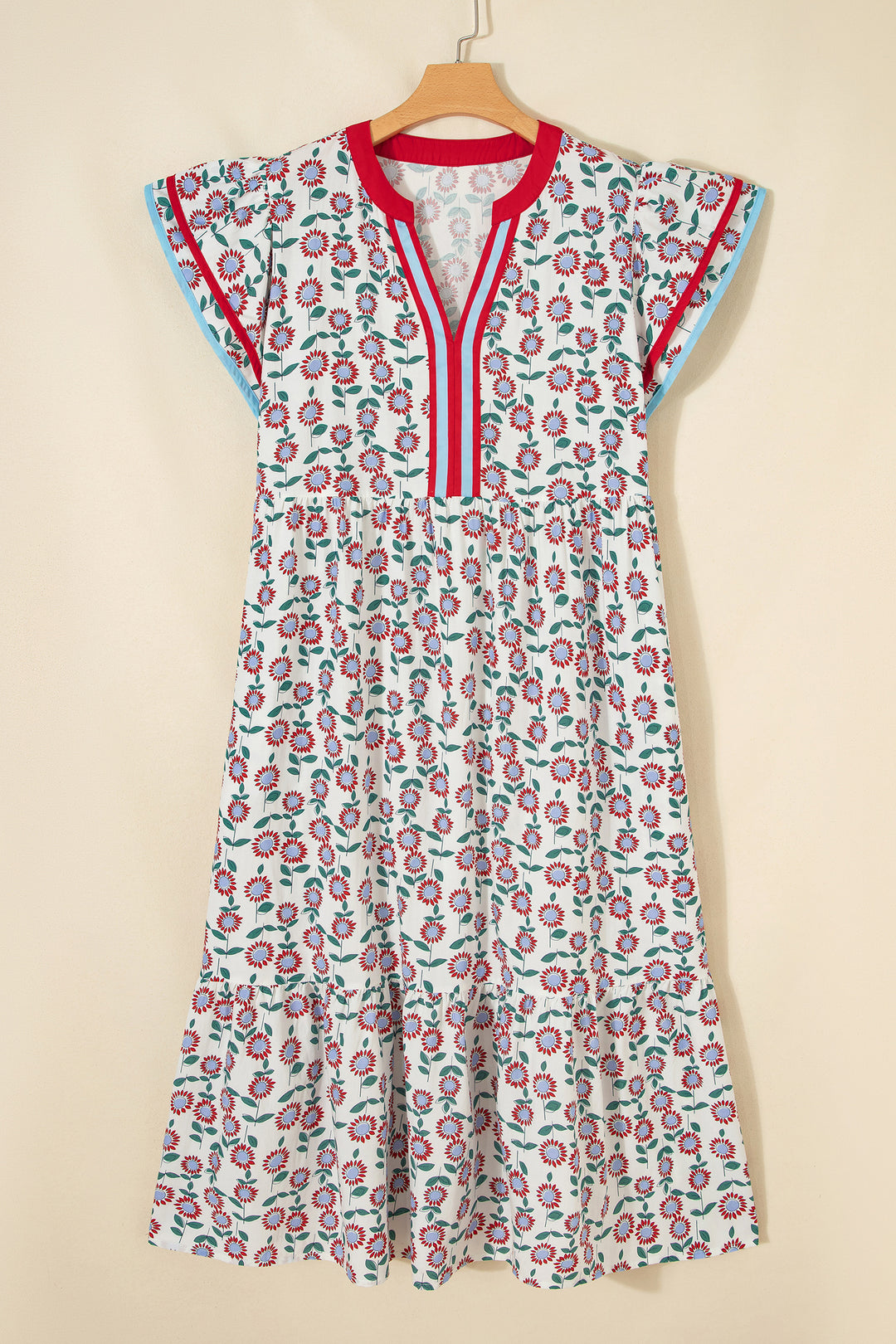 Red Cute Sunflower Printed Striped Trim Flutter Sleeve Long Dress