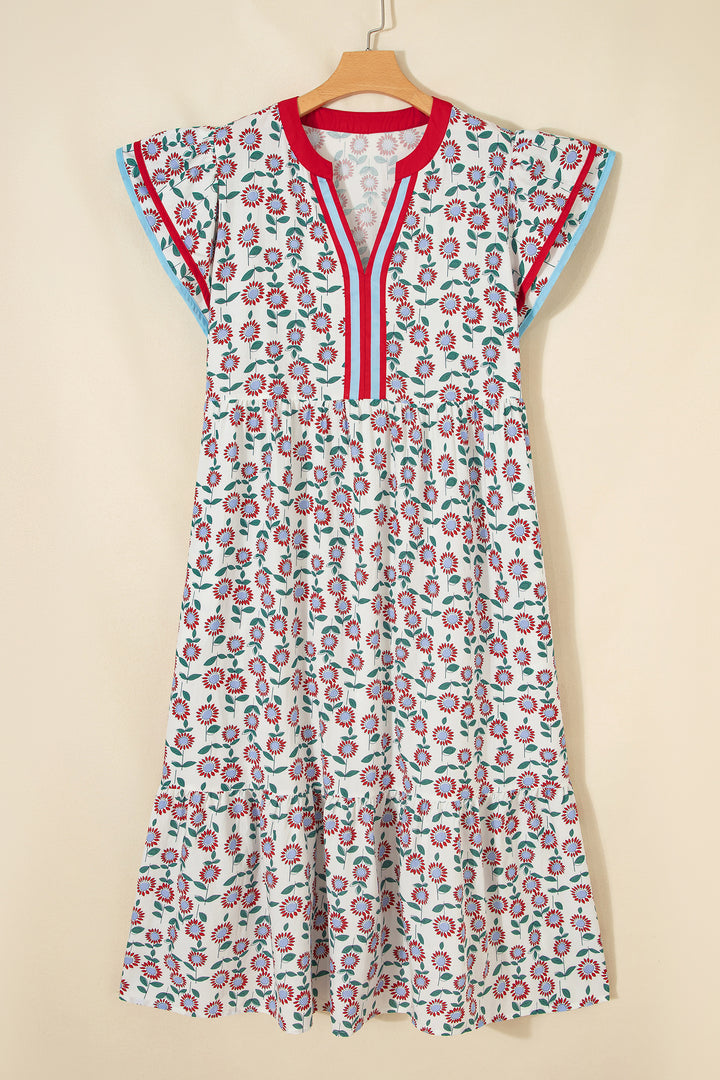 Red Cute Sunflower Printed Striped Trim Flutter Sleeve Long Dress