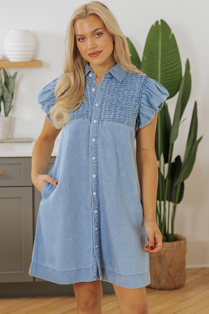 Flutter Sleeve Shirred Detail Button Up Denim Mini Dress