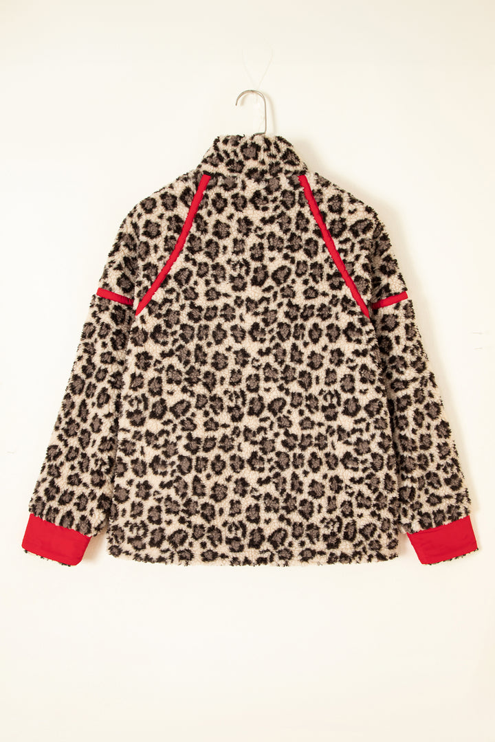 Brown Leopard Print Zip-Up Red Accents Pockets Sweatshirt