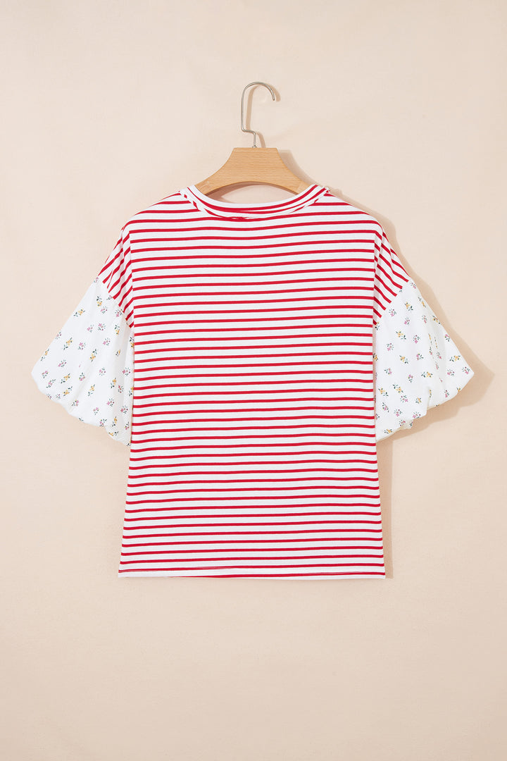 Red Stripe Floral Puff Sleeve Patchwork Round Neck Loose Top