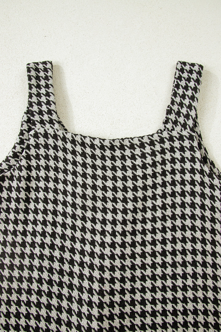 Khaki Houndstooth Print V Neck Sleeveless Mini Dress