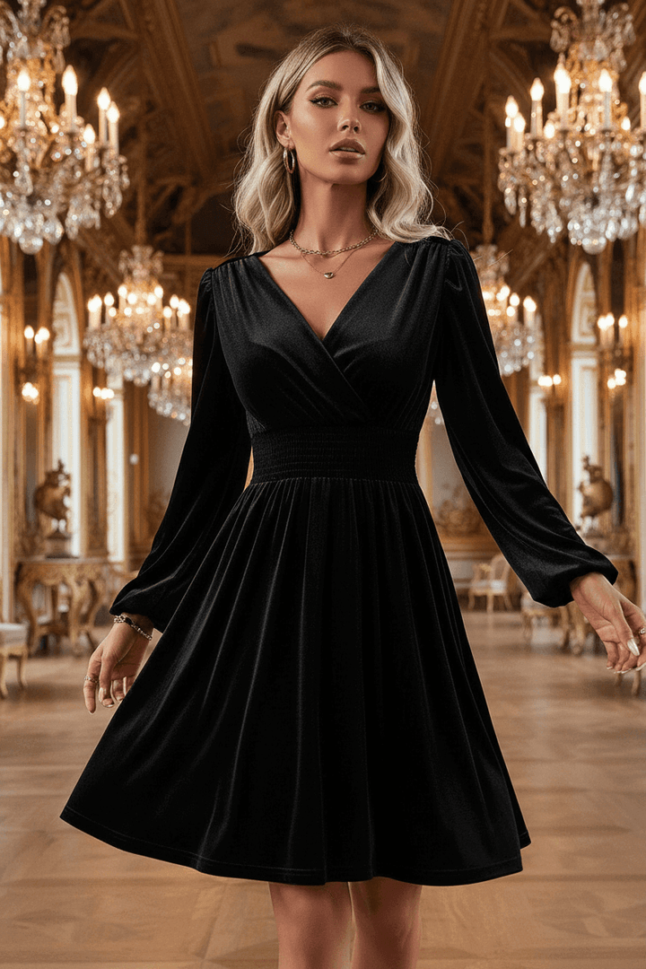 Luxurious Black Velvet Long Sleeve Surplice High Waist Mini Dress