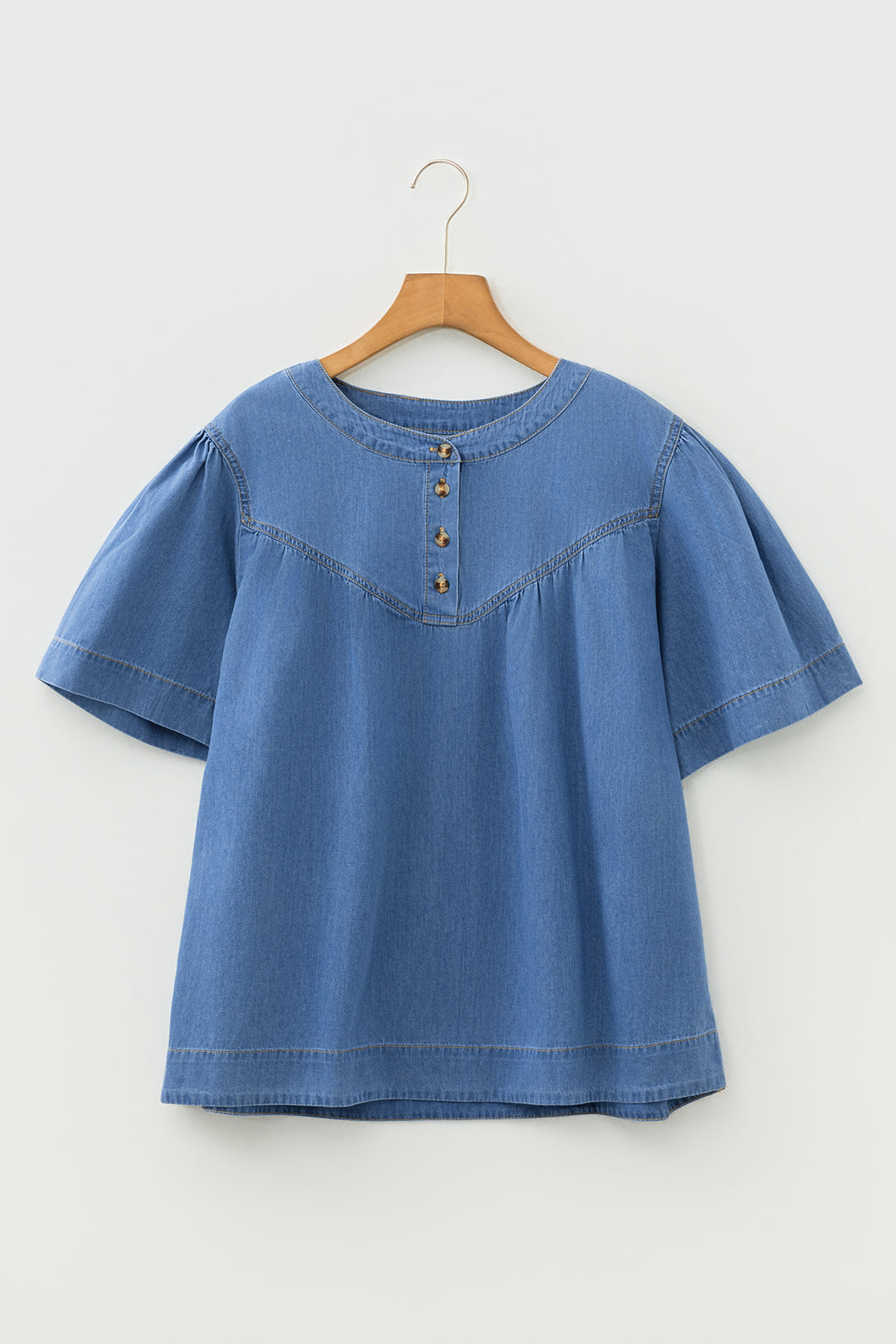 Seam Pleated Detail Half Button Short Sleeve Denim Top