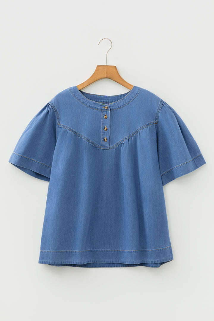 Seam Pleated Detail Half Button Short Sleeve Denim Top