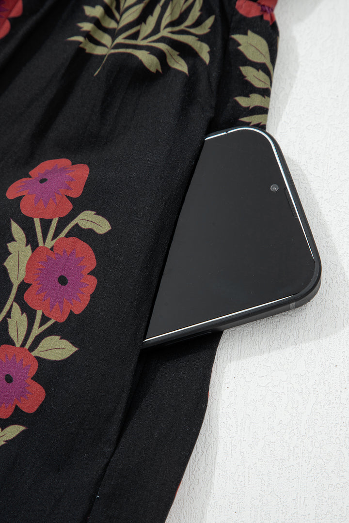 Black Floral Short Bubble Sleeve Tiered Maxi Dress