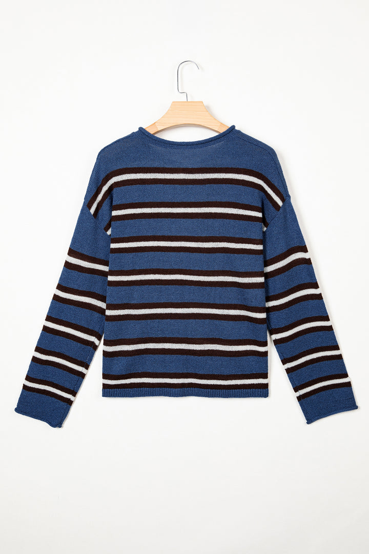Blue Stripe Striped Drop Shoulder Button Cardigan