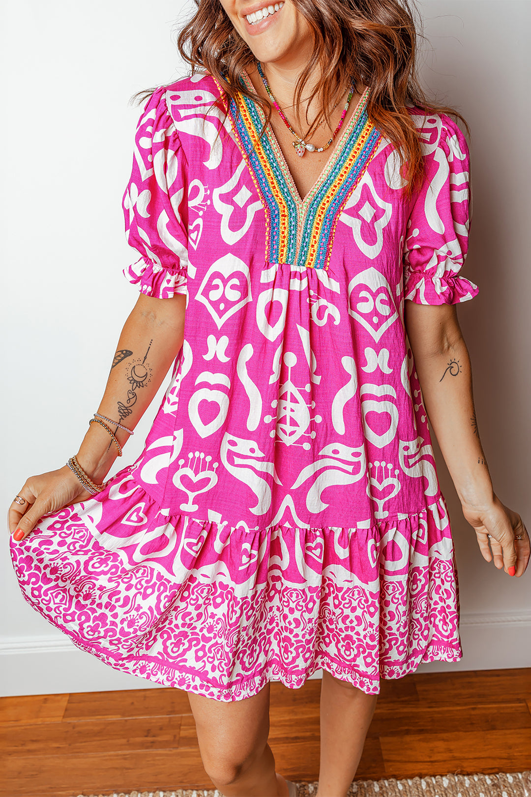 Boho Mixed Print Contrast Trim V Neck Short Sleeve Flared Dress