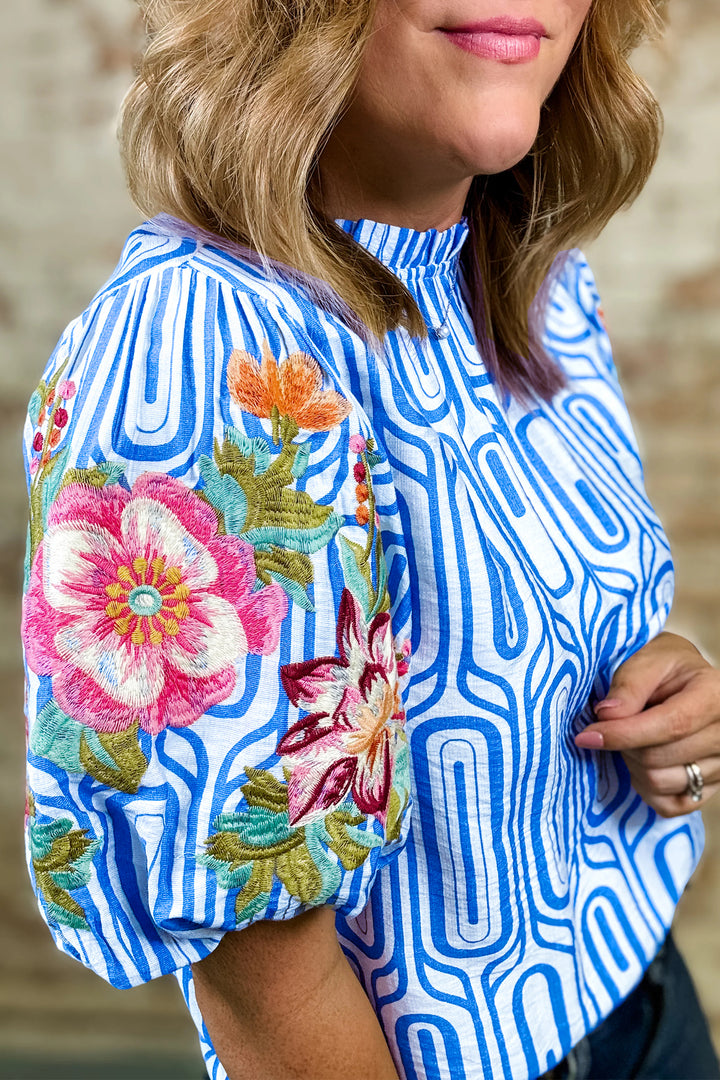 Sky Blue Unique Geometry Print Floral Embroidered Puff Sleeve Blouse