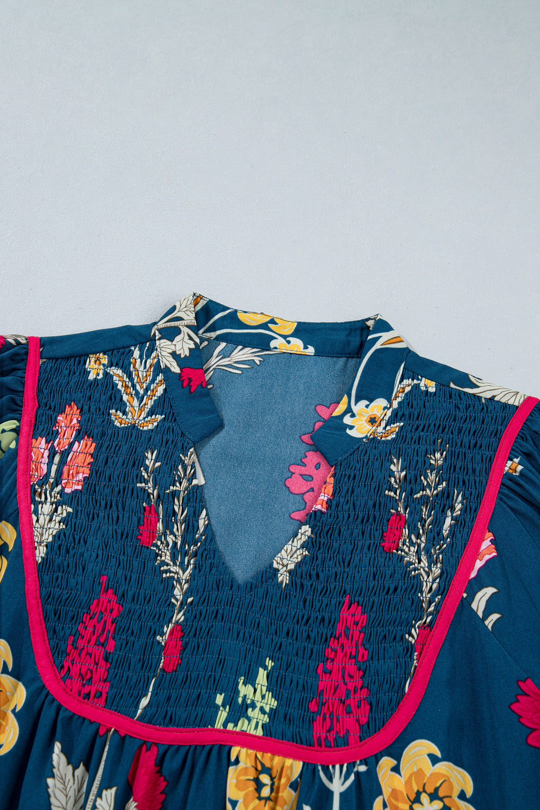 Chic Blue Floral Print Gathered Neckline 7/8 Sleeve Casual Midi Dress