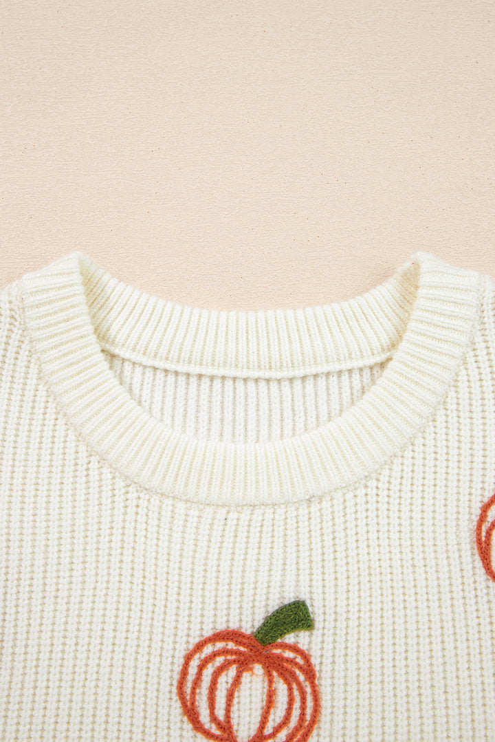 Beige Pumpkin Embroidered Ribbed Thanksgiving Halloween Holiday Sweater