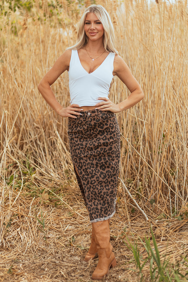Brown Leopard Print Frayed Edge Denim Skirt Long Casual Daily Wear