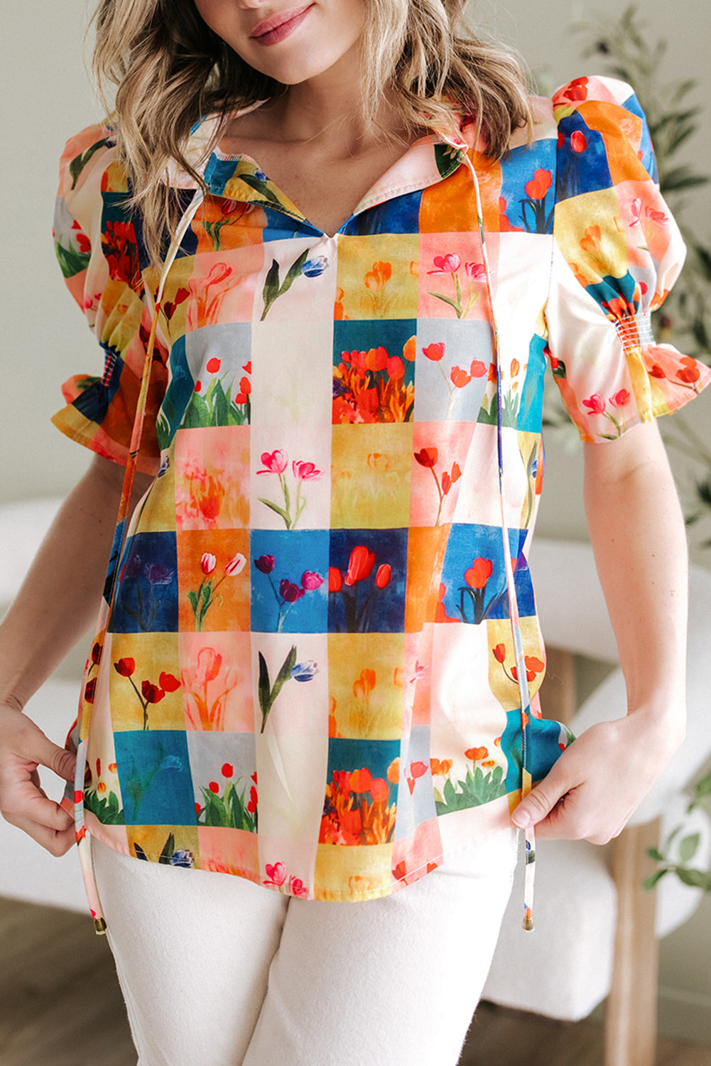 Floral Checker Print Ruffled Short Puff Sleeve Blouse