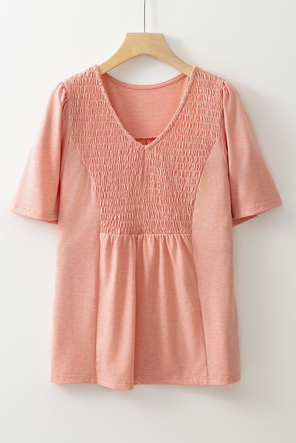 Smocked Front V Neck Pleated Babydoll Short Sleeve Top