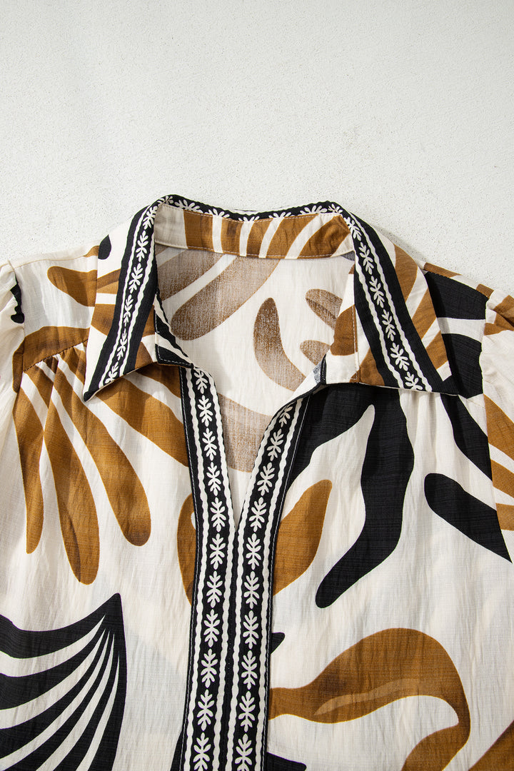 Tropical Printed Contrast Trim Neck Long Sleeve Ruffle Hem Dress