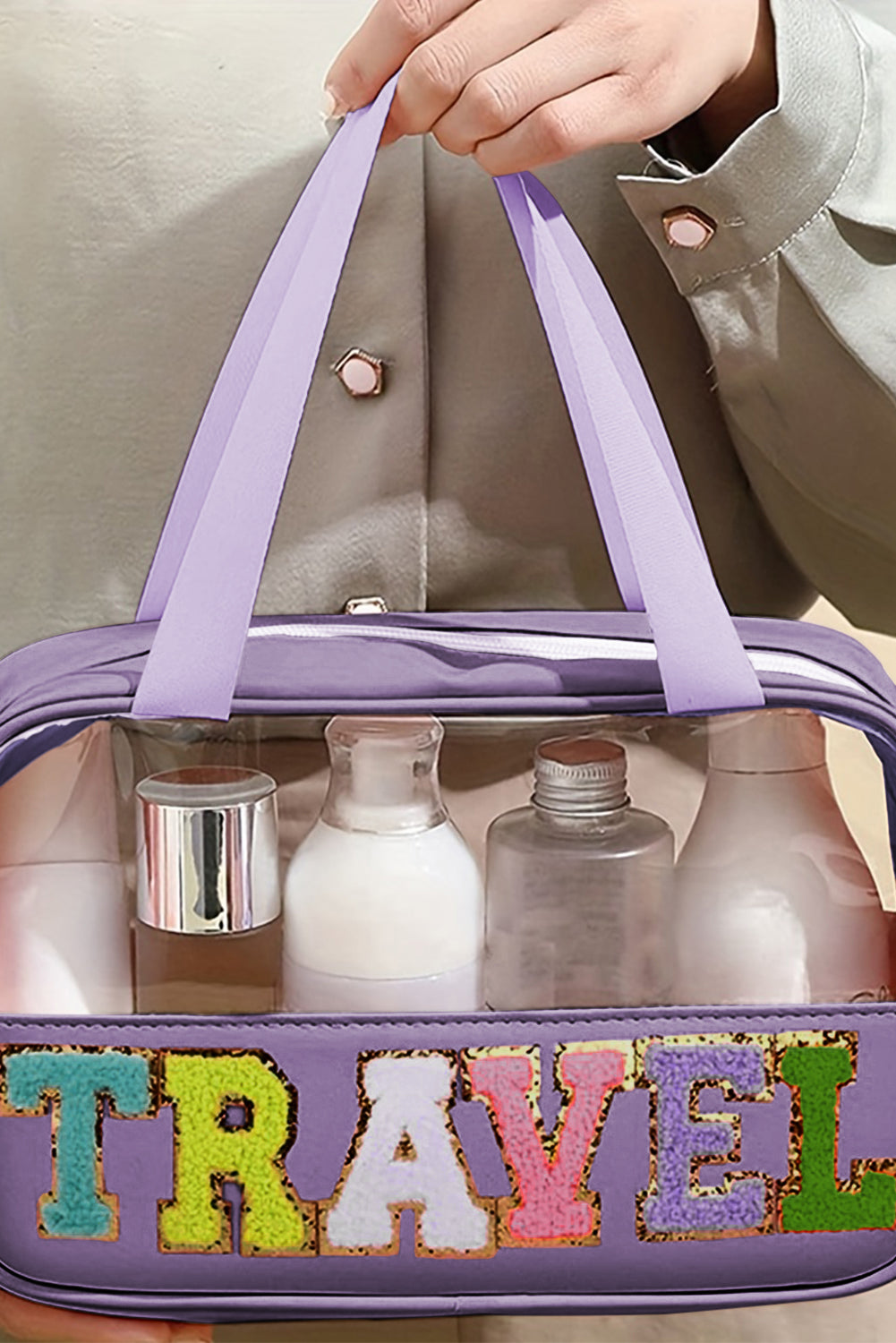 Trousse de maquillage en PVC transparent avec lettres en chenille violette