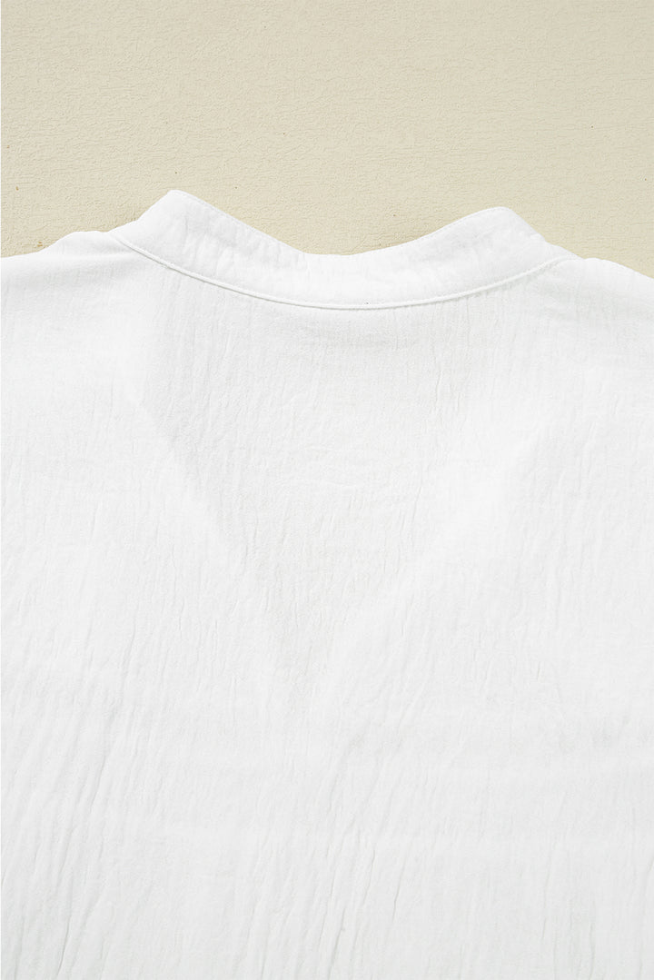 White Drawstring Lace Detail Puff Sleeve Split Neck Spring Fall Blouse