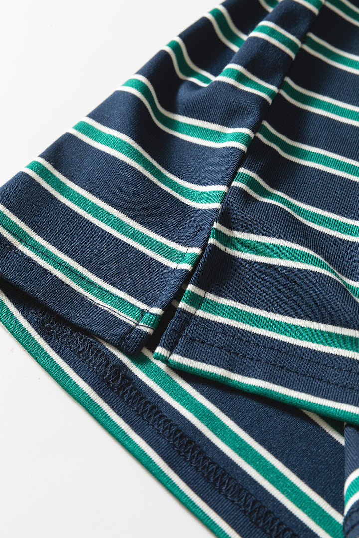 Green Stripe Ribbed Color Block Patchwork Crew Neck Patch Pocket Long Sleeve Top