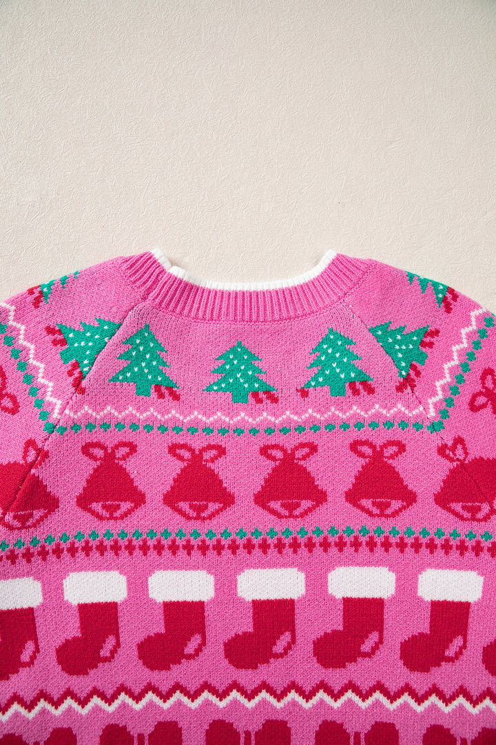 Pink Christmas Holiday Graphic Round Neck Knit Sweater