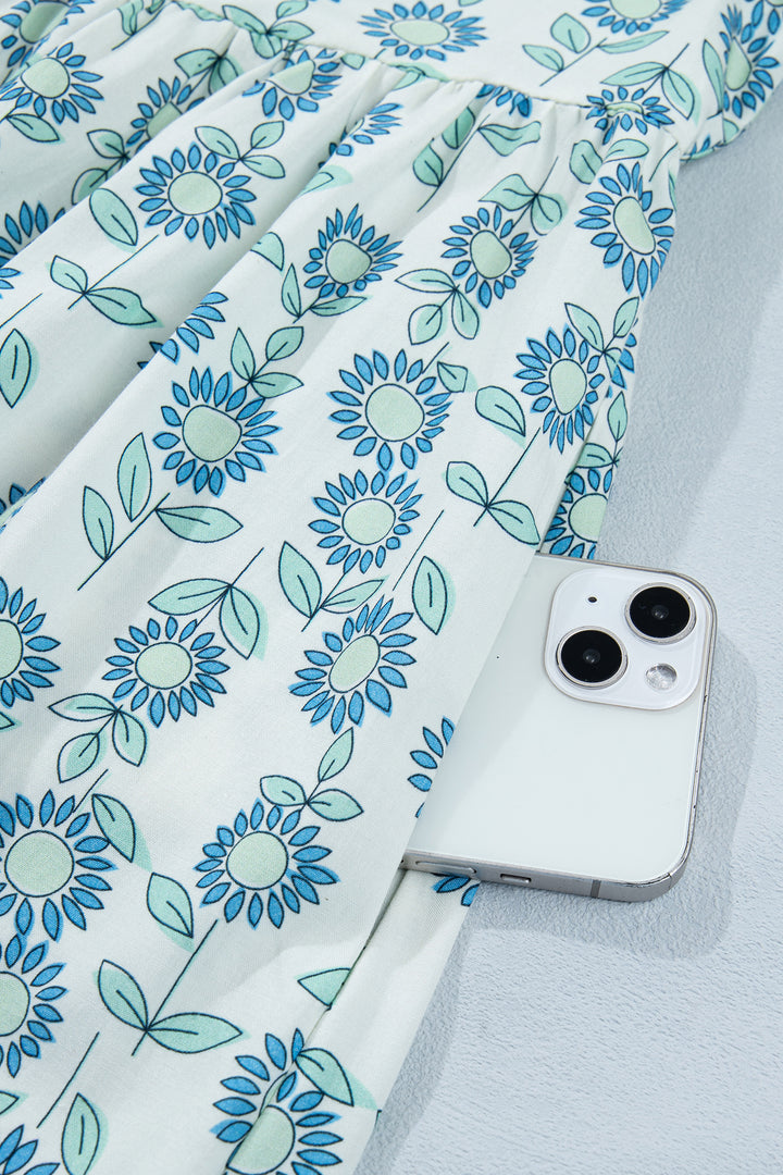 Sky Blue Floral Print Contrast Trim Flutter Sleeve Mini Dress