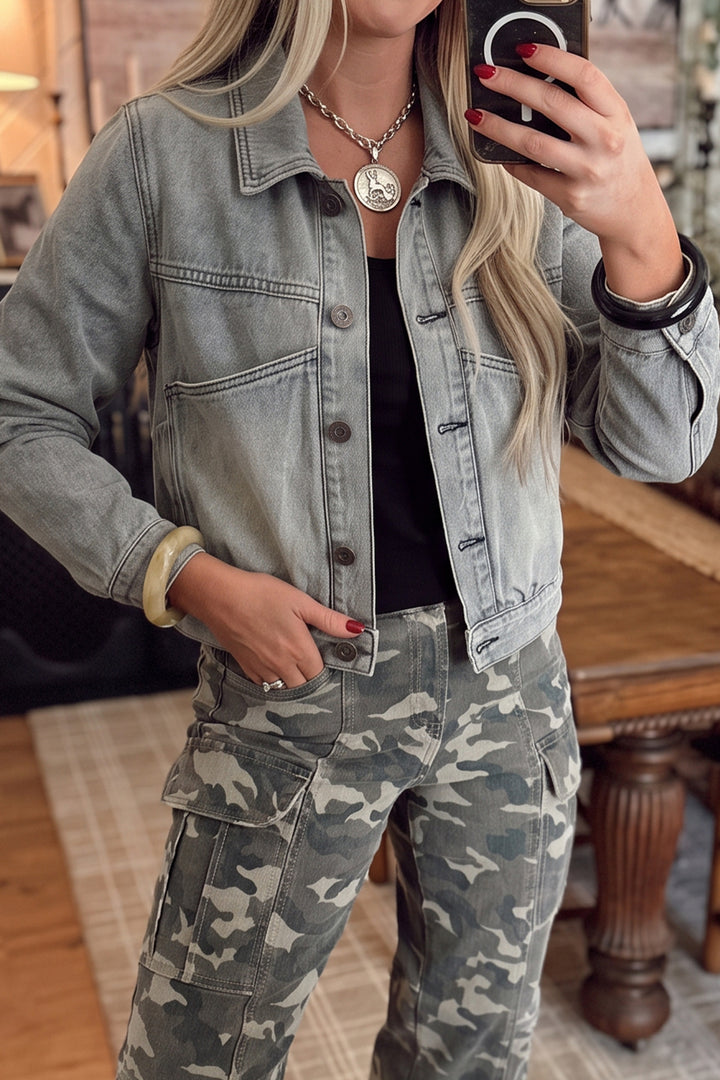 Beau Blue Vintage Wash Button Pocketed Casual Denim Jacket