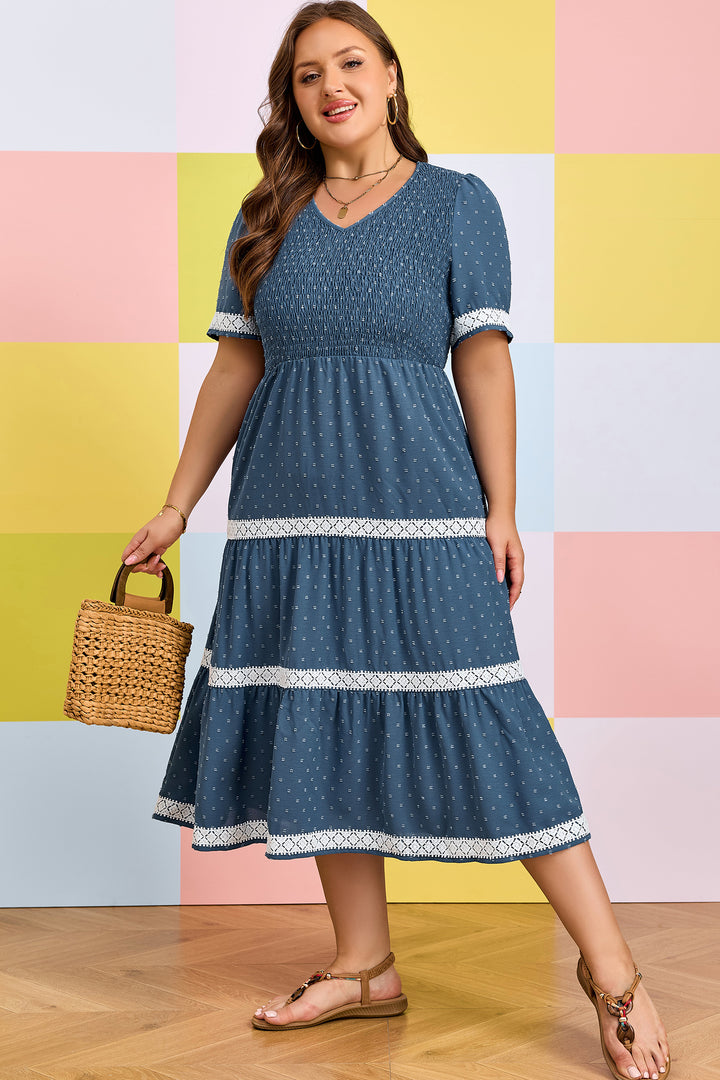Dusk Blue Plus Size V Neck Swiss Dot Lace Flared Midi Dress