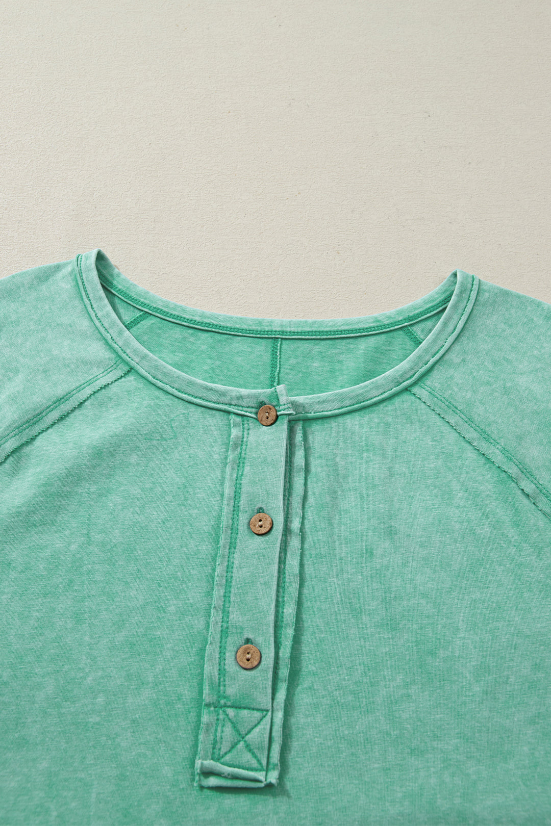 Half Buttons Raw Seam Raglan Sleeve Mineral Wash T Shirt