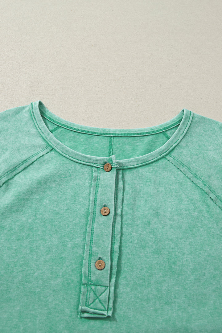 Half Buttons Raw Seam Raglan Sleeve Mineral Wash T Shirt