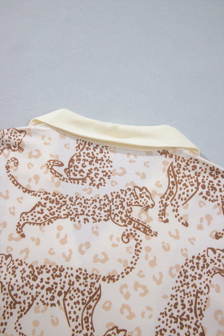 Yellow Leopard Print Colorblock Pocket Placket Long Sleeve Lounge Set
