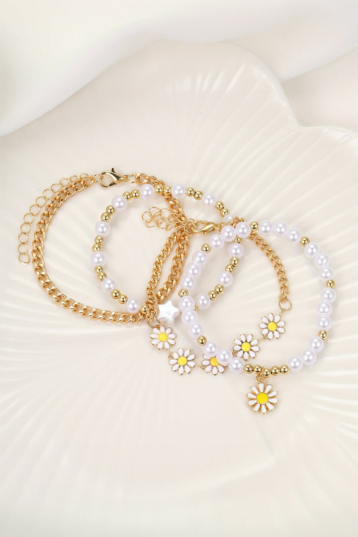 4pcs Daisy Pearl Beaded Chain Bracelet Set