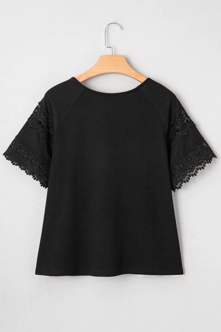 Black Ribbed Lace Patchwork Short Sleeve Top