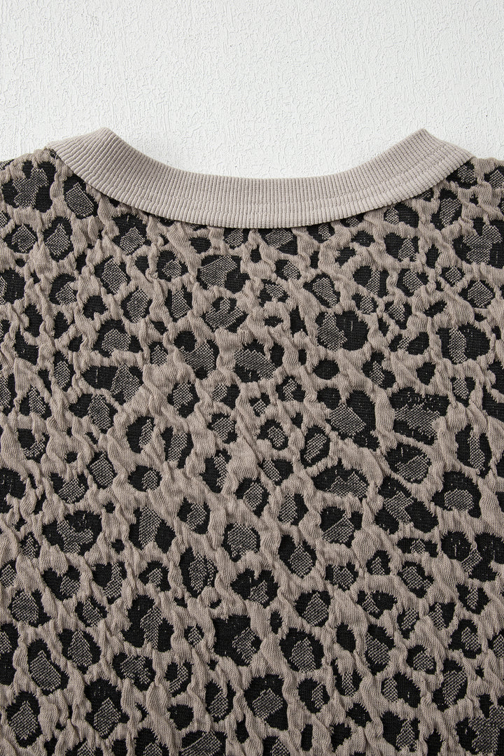 Khaki Jacquard Leopard Half Sleeve Jumper Wide Leg Pant Set