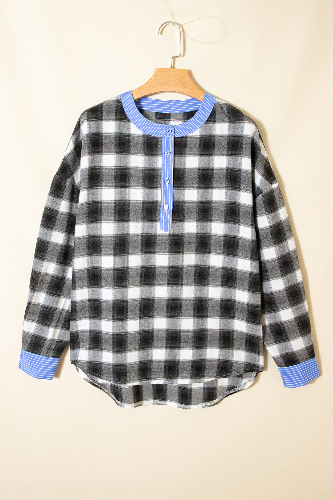 Contrast Striped Edge Half Placket Plaid Blouse