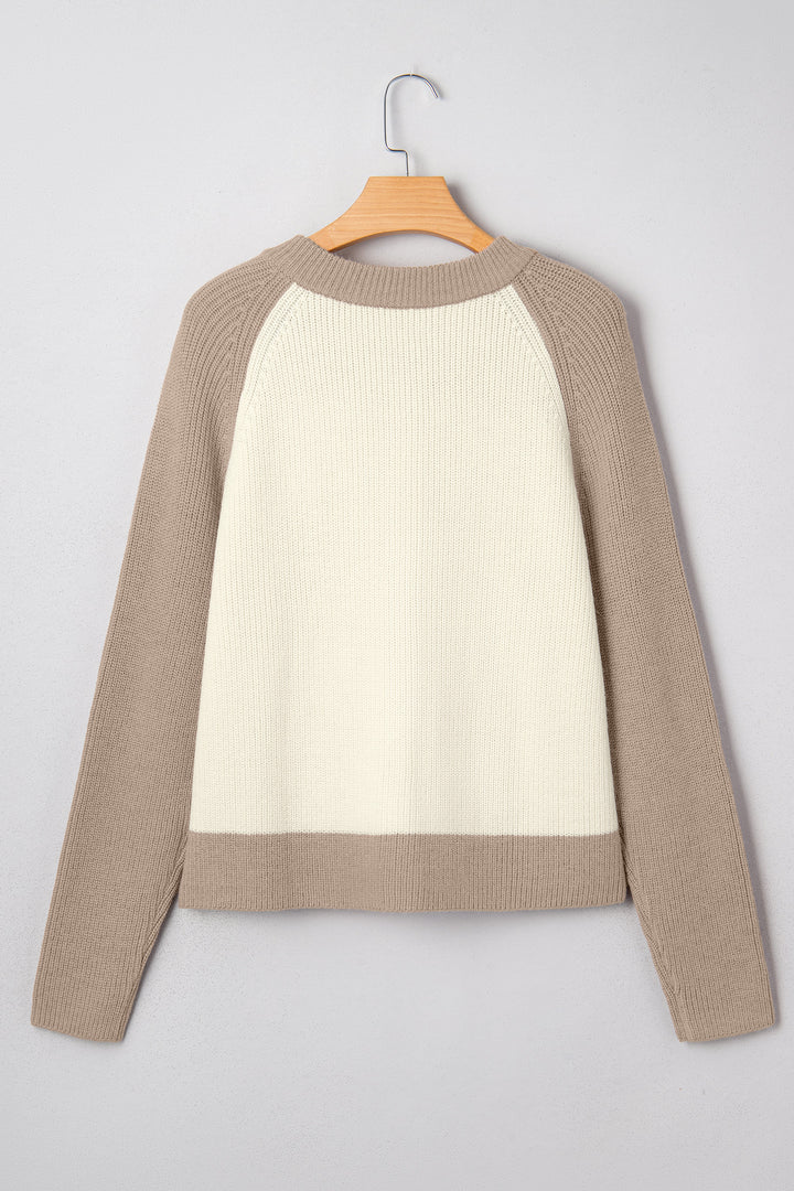 White Color Block Ribbed Knit Button Down Sweater Cardigan