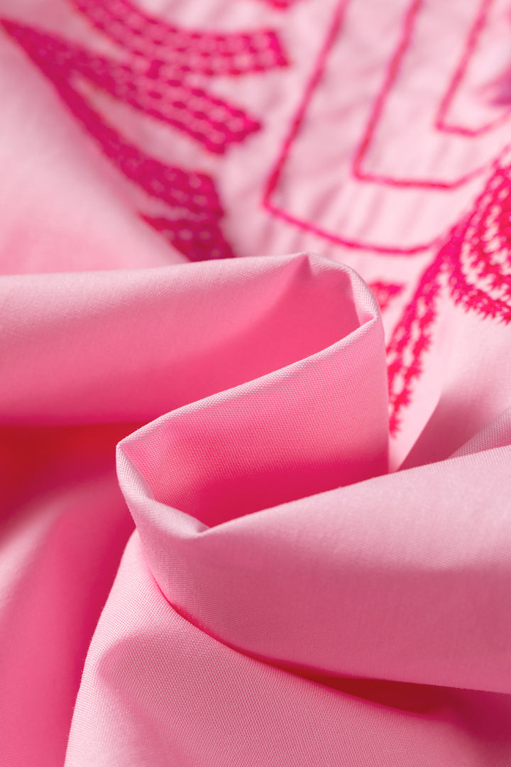 Cute Pink Boho Embroidered Detail Puff Sleeve Cotton Blouse