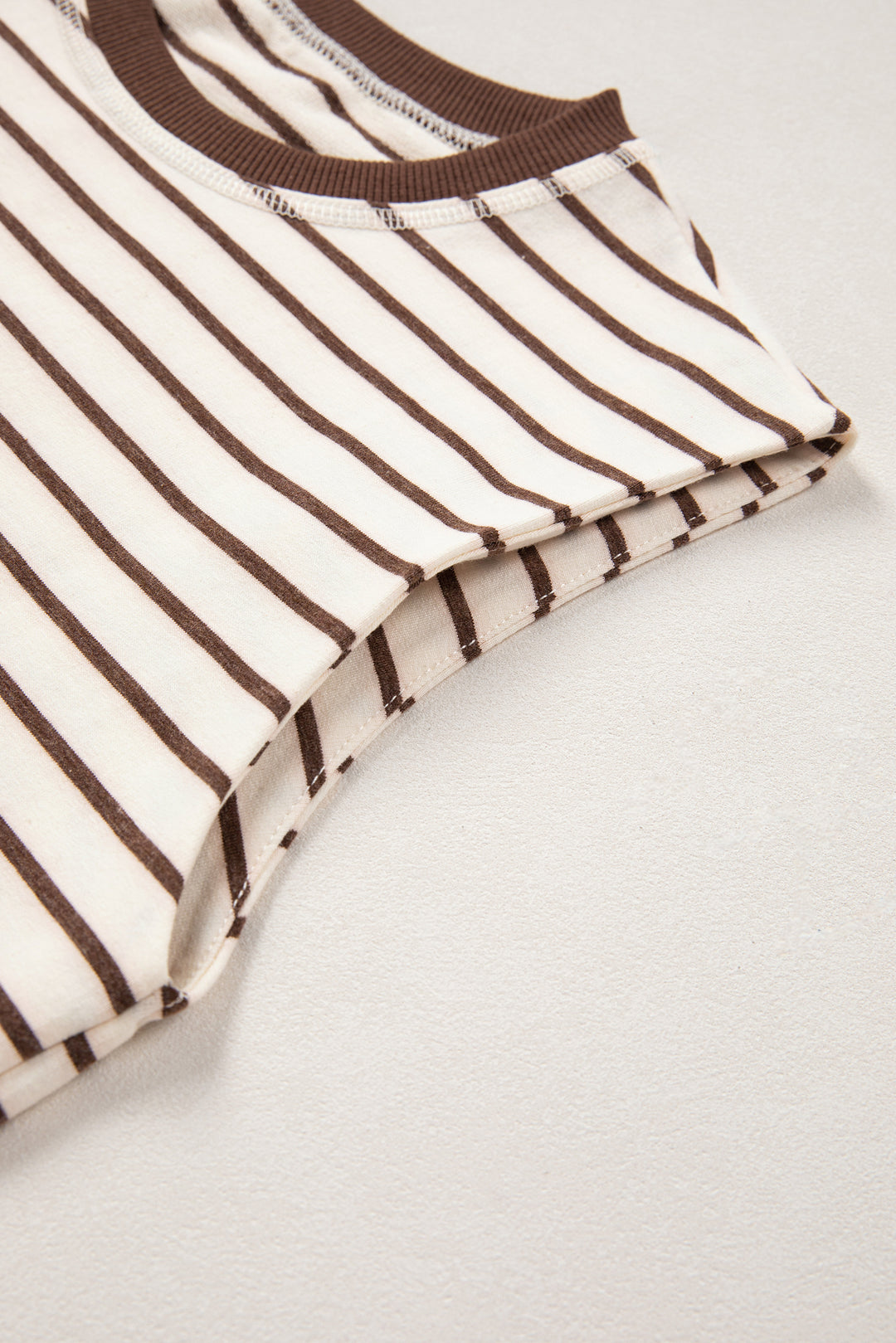 Brown Stripe Ribbed Round Neck Trim Loose Tank Top