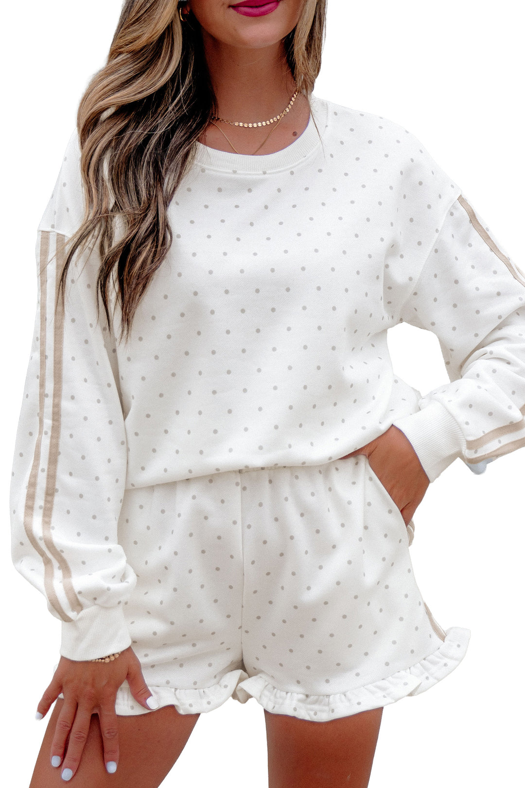 White Polka Dot Print Side Stripe Casual Sweatshirt 2pcs Short Set