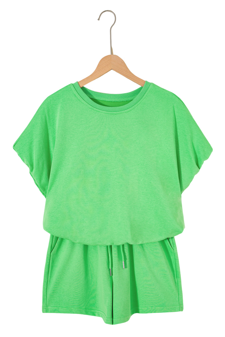 Green Solid Color Puffy Loose Top Drawstring Shorts 2pcs Outfit