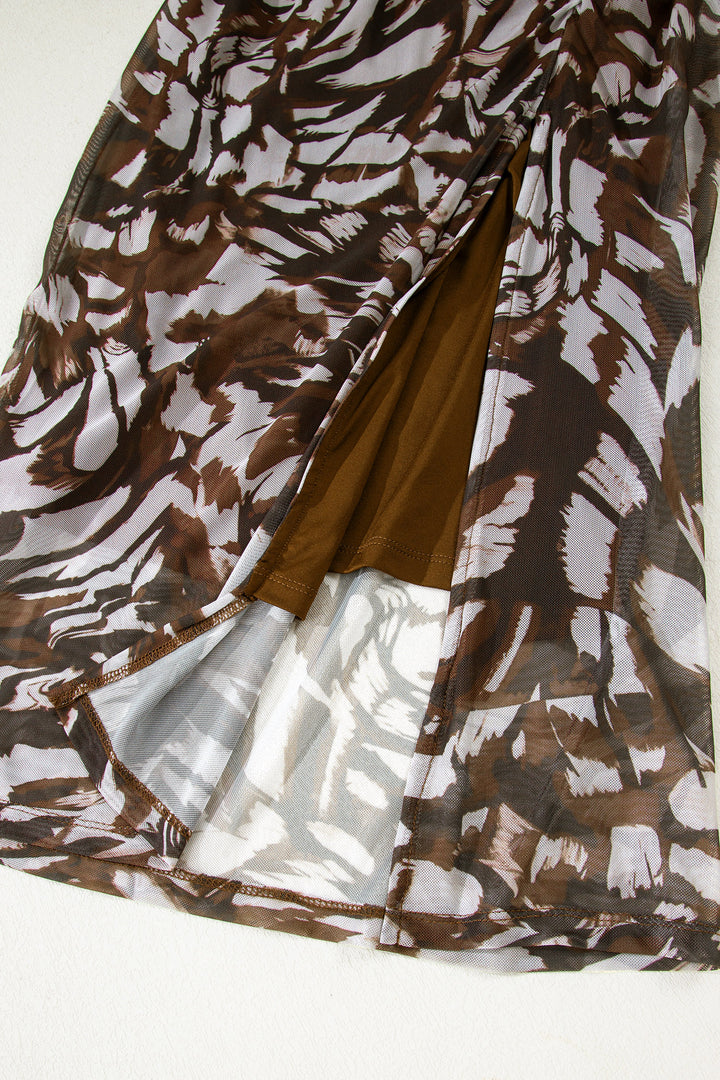 Abstract Print Mesh Cowl Neck Cap Sleeve Ruched Midi Dress with Slit