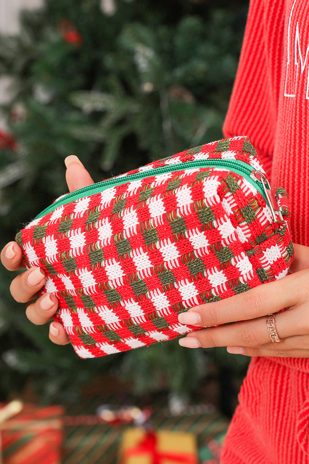 Trousse de maquillage carrée à fermeture éclair au crochet style Noël