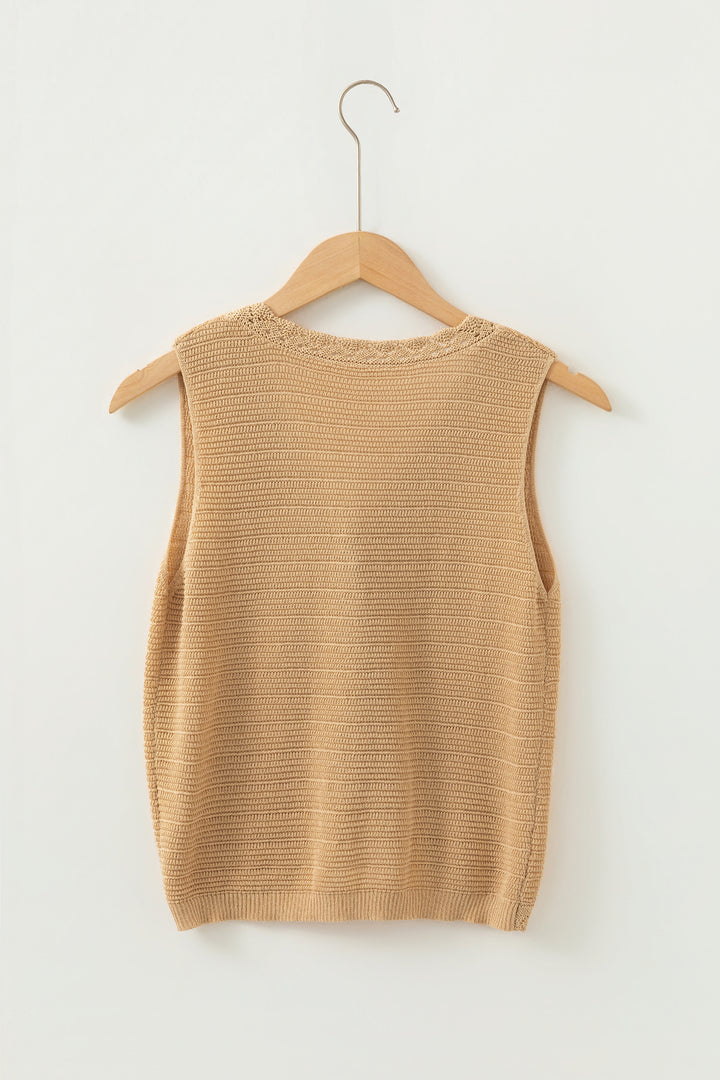 Hollow out Trim Buttoned Front Boho Sweater Vest