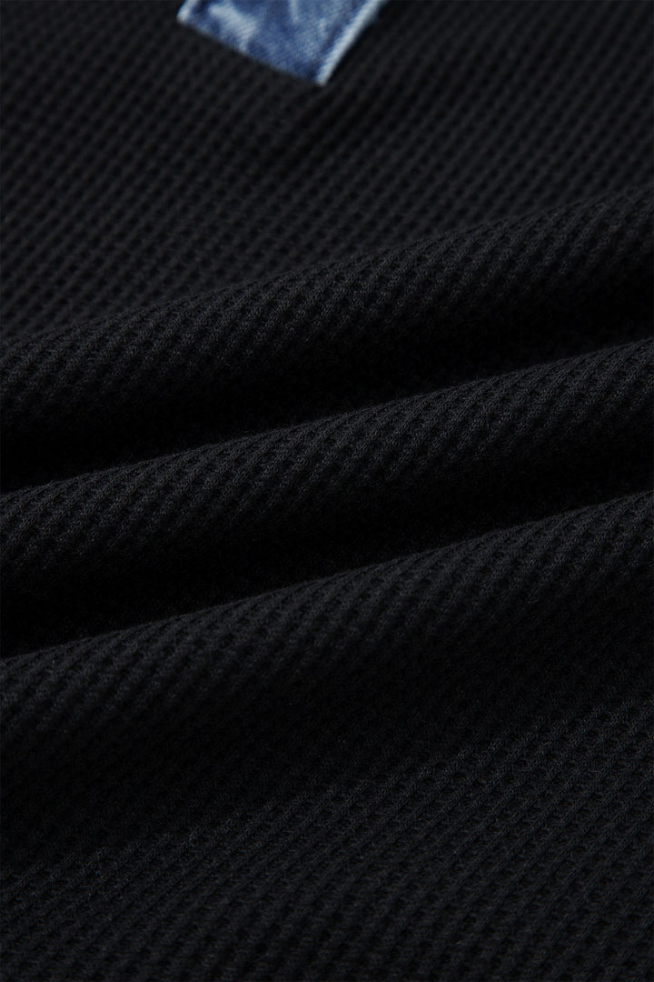 Black Waffle Knit Denim Contrast Trim Patchwork Button Polo Collar Top