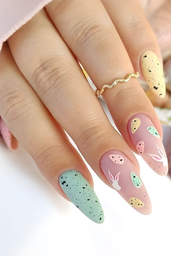 Autocollants pour ongles en forme d'amande, motif œuf de lapin de Pâques