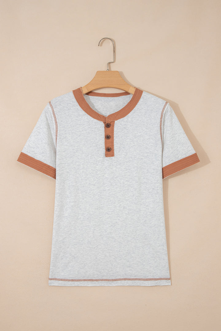 Light Grey Raw Seam Color Block Detail Buttoned Henley Tee